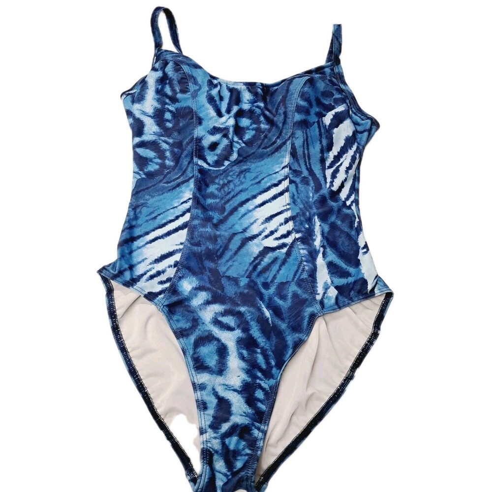 Vtg Victorias Secret Swimsuit Women 14 B Padded One Piece Blue Leopard Zebra L